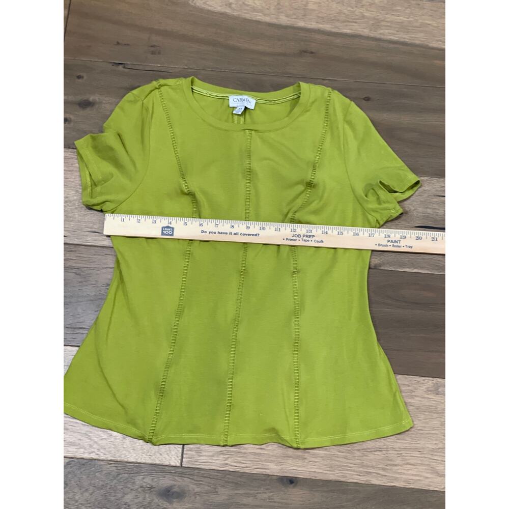 Carmen Marc Valvo Chartreuse Short Sleeve Ribbed Elastic Detail Top Size M - Picture 5 of 6